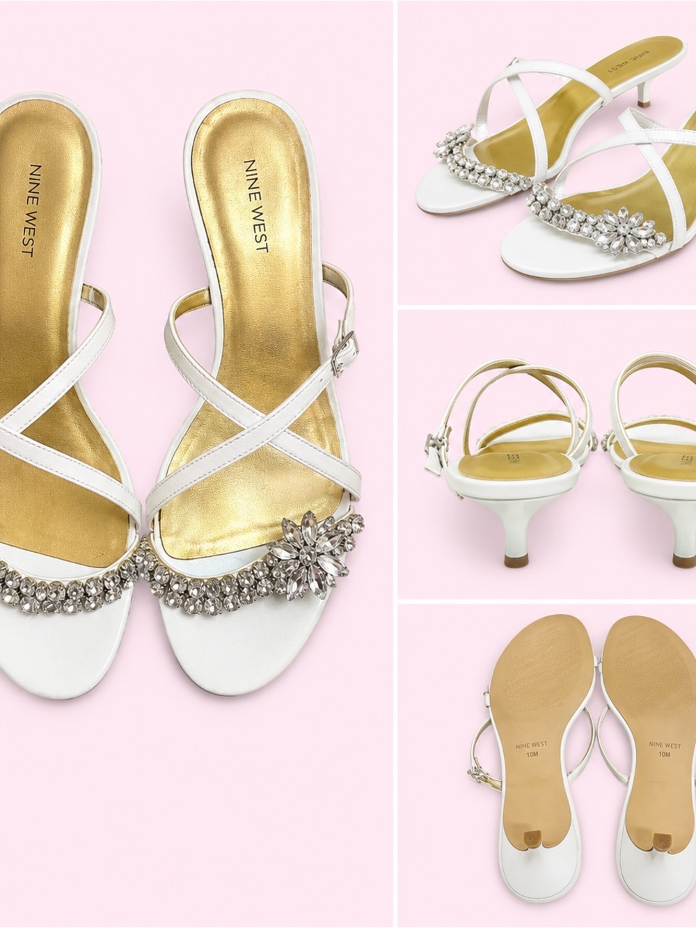 Nine West White Crystal-Strapped Kitten Heels Size 11 LoveShackFancy Style 🎀🩷🌸